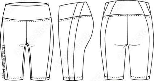 Front, side, and back leggings sketch, high waistband activewear design, gusset seam layout, stitching detail garment drawing, technical fashion template, vector illustration.