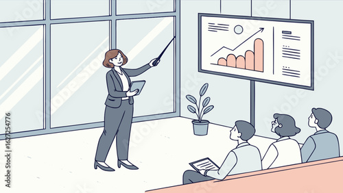 Business presentation meeting with data analysis chart and female leader explaining company growth strategy