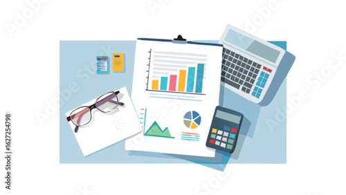 Financial analysis business report with graph chart calculator and keyboard for accounting and planning
