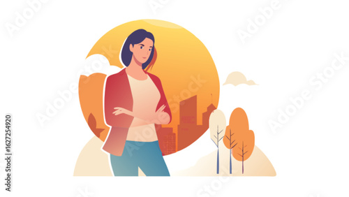 Confident woman in city landscape vector illustration for business and professional designs use case design