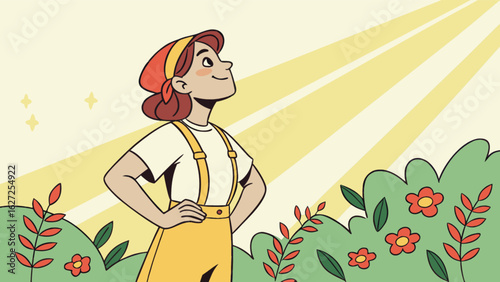 Woman gardener enjoying sunshine in garden vector illustration farming and agriculture concept design