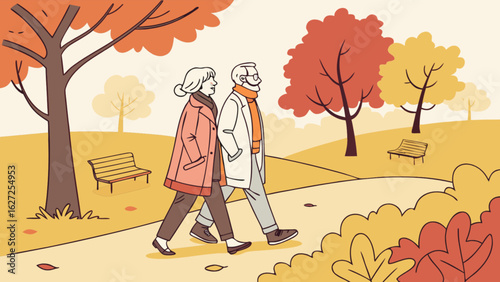 Illustration of senior couple walking in autumn park fall season landscape scene with trees and benches