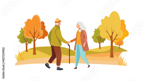 Elderly couple walking in autumn park senior citizens outdoor activity fall season retirement lifestyle vector