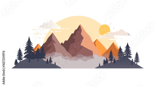 Mountain landscape vector illustration with pine trees and sun for nature background and outdoor adventure 100