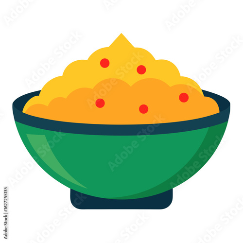 A vibrant flat illustration of a green bowl filled with fluffy yellow mashed potatoes and red specks