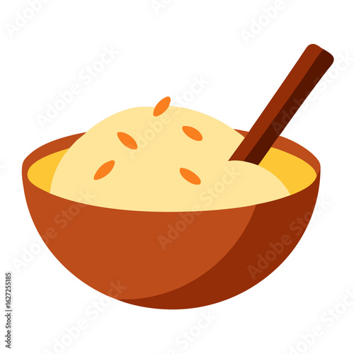 A simple flat illustration of a bowl of creamy porridge with a spoon and scattered grains
