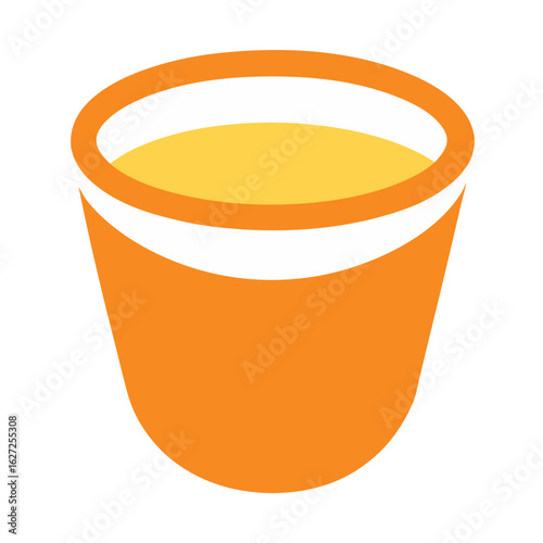 Stylized orange bucket filled with yellow liquid and a white rim on a black background