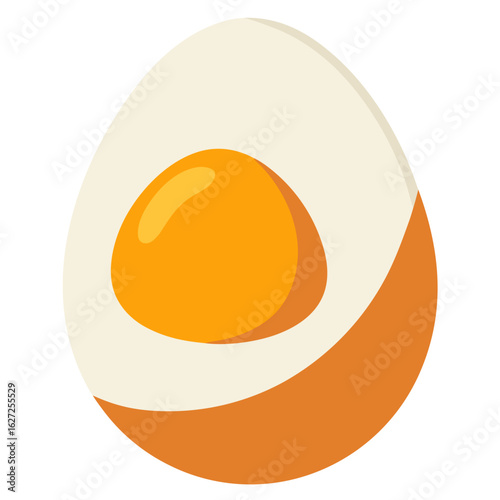Stylized illustration of a halved cooked egg with a bright yellow yolk and white albumen isolated on black