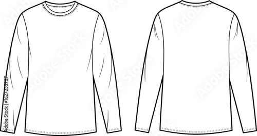 Front and back long sleeve shirt sketch, round neck garment drawing, ribbed cuff fashion template, technical apparel layout, plain clothing design vector illustration mockup.