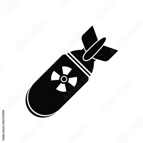 Stylized silhouette of a nuclear bomb with radiation symbol