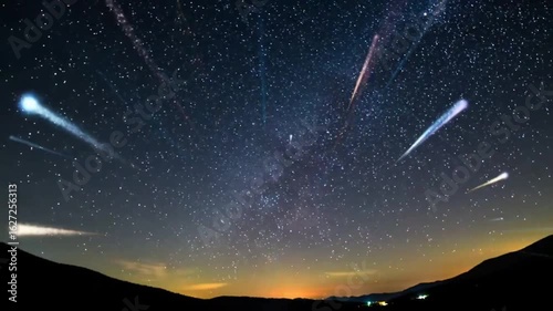 Spectacular Perseid Meteor Shower Display over a Mountain Range, A Cosmic Nighttime Spectacle of Streaking Light.