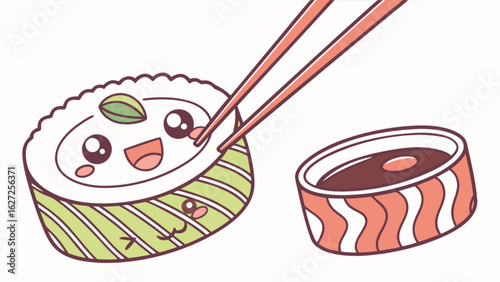 Kawaii sushi roll with chopsticks and soy sauce illustration for japanese food lovers and asian cuisine enthusiasts