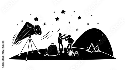 Explore the night sky astronomy stargazing with telescope and friends under starry night beautiful scene