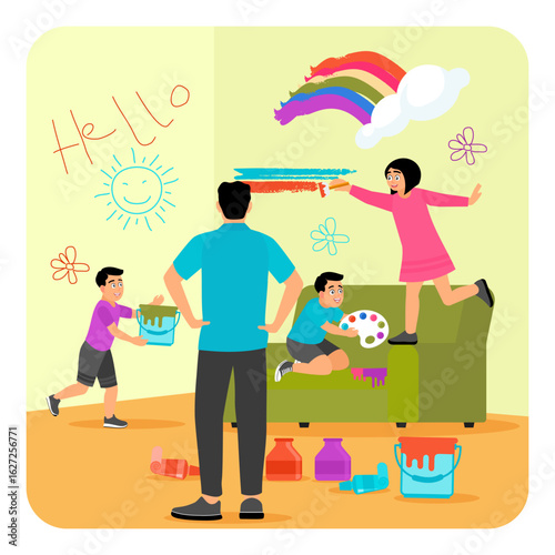 The children painted the walls creating colorful works of art under the supervision of their father.