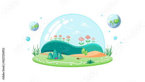 Illustration of a terrarium landscape with flowers hills and plants in a glass dome bubble isolated