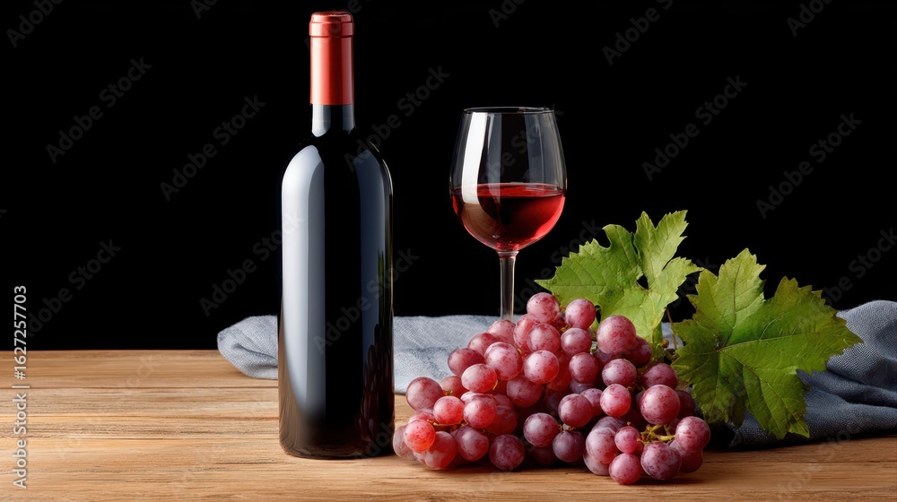 Obraz premium Still life of red wine, grapes and a glass on a wooden table with a black background.