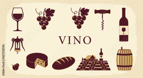 Vector illustration of illustration of wine elements, including grapes, cheese, and vineyard