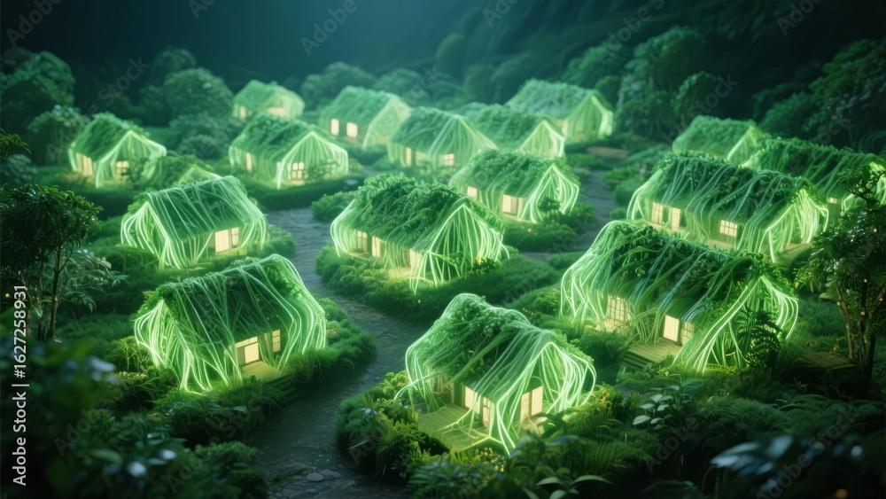 Fototapeta premium Glowing, Web-Encased Houses Nestled in a Lush Forest at Night