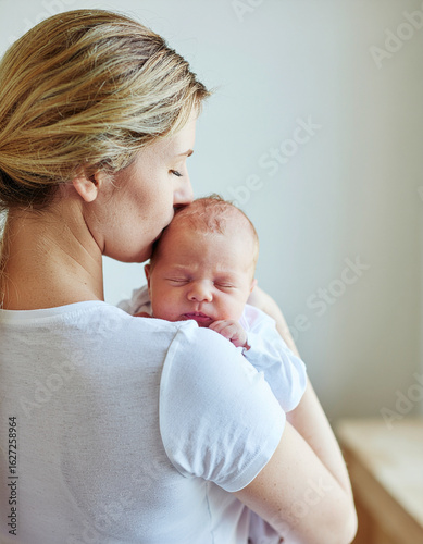 New Mama Peacefully Embracing Her Sleeping Newborn Baby 100