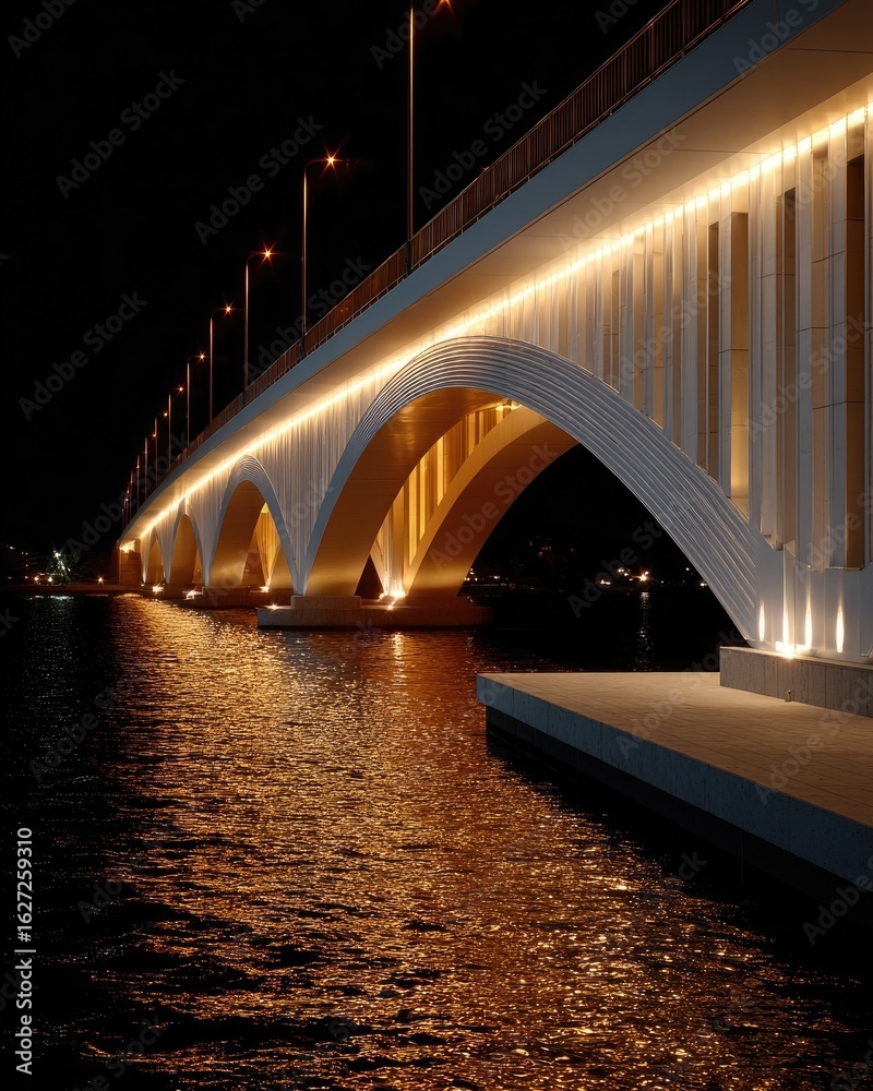 Fototapeta premium Illuminated arched bridge at night over water