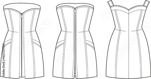 Technical dress illustration, strapless and strapped versions, fitted bodice, curved panel seams, front and back views, zipper closure detail, fashion sketch, apparel template layout.