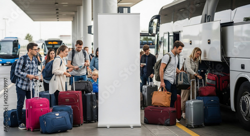 Group Travelers and Luggage with Blank Sign at Bus Terminal