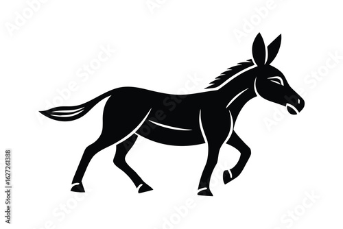 Animated Black Donkey Walking on White Background, Simplistic Farm Animal Illustration Style