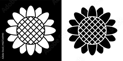 Two simple sunflower illustrations in black and white with a checkered pattern in the center disk
