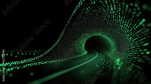 Abstract digital tunnel with glowing green particles.