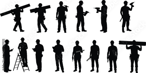 Construction worker silhouettes with tools, labor poses, teamwork concept, industrial jobsite icons, contractor equipment, carpenter handyman black vector set