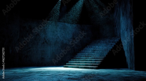 Mysterious interior scene with stone stairs and dramatic lighting.