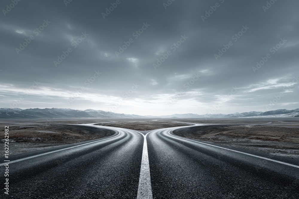 Naklejka premium Two roads diverge in a vast, desolate landscape under a stormy sky