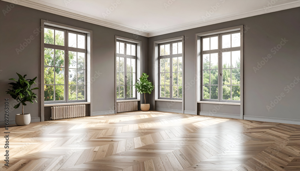 Fototapeta premium Spacious Corner Room Mockup Natural Light and Hardwood Floors Create a Bright and Airy Atmosphere