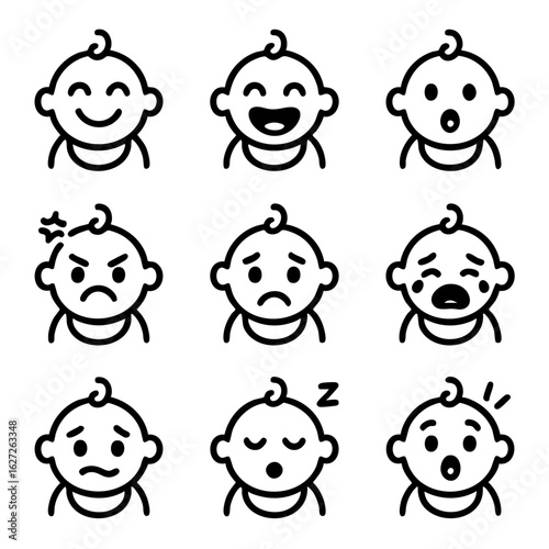 A set of doodle line icons showing various baby facial expressions, capturing emotions like joy, anger, sadness, surprise, and sleepiness
