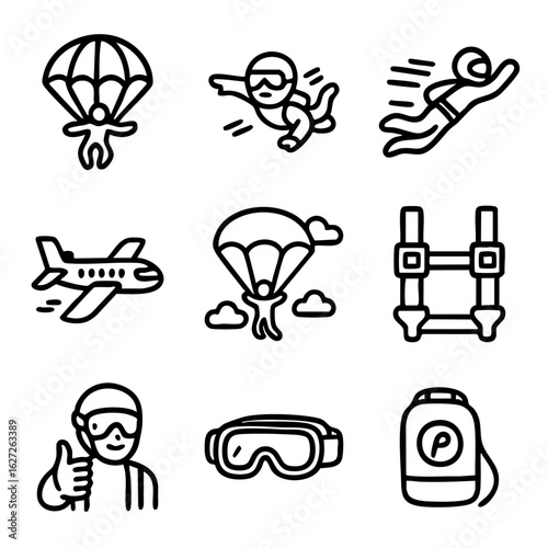 Wallpaper Mural A set of doodle line icons showing skydiving equipment, parachuting actions, safety gear, aircraft, and freefall scenes related to extreme sports Torontodigital.ca