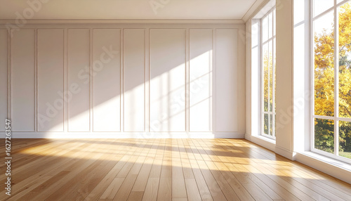 Elegant white interior mockup room with classic panel walls and oak flooring, bathed in golden soft shadows from a tall vertical window.