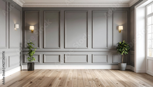 Elegant mockup of a classic empty room with soft gray wainscoting walls, a wide pine floor, and warm ambient indoor light.