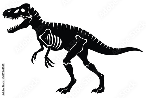 Black and White Dinosaur Fossil Illustration Showing Ribs, Head, Legs, and Tail Details