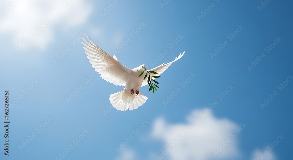 Obraz premium White dove flying in the blue sky carrying an olive branch as a symbol of peace and freedom