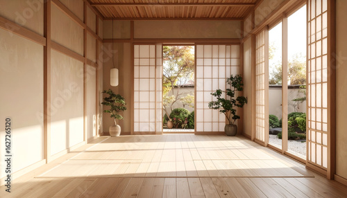 Wallpaper Mural A serene, empty zen-style room with neutral walls and light flooring, illuminated by soft side light from sliding panel doors overlooking a peaceful garden. Torontodigital.ca