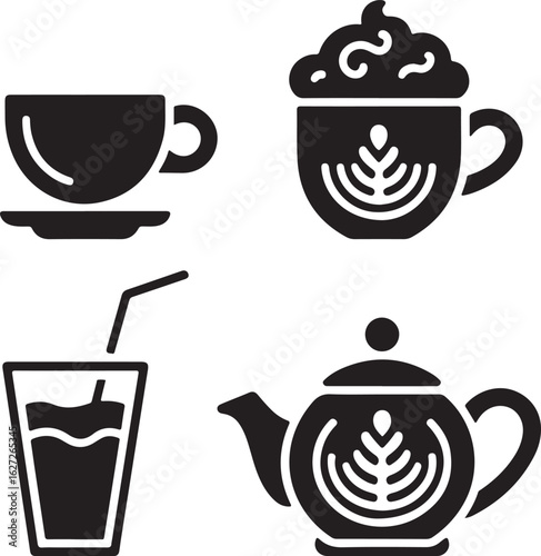 Solid Café Beverage Icons Set Espresso Cup, Cappuccino Mug, Latte Art, Iced Coffee Glass, and Teapot – Bold Coffee Shop Silhouettes