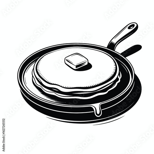 Stack of delicious pancakes with melting butter in a frying pan