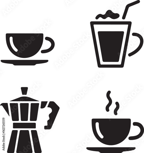 Coffeehouse Drink Icon Collection Filled Espresso Cup, Iced Latte, Cappuccino Mug, Pour-Over Pot, and Steaming Teacup
