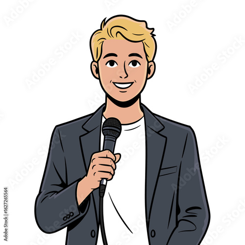 Young Man With Microphone Delivering a Presentation on Stage
