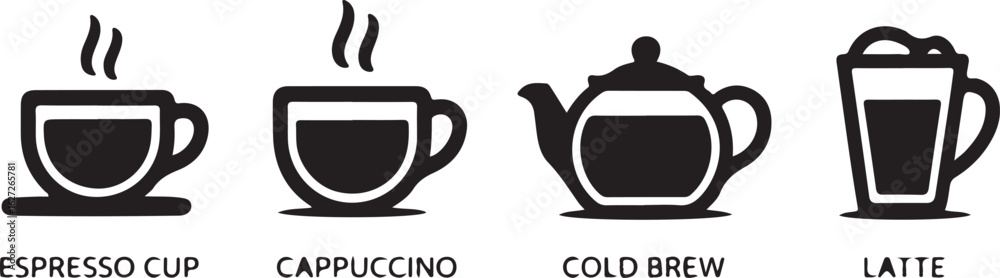 Obraz premium Modern Café Beverage Vector Icons Bold Flat Espresso, Cappuccino, Teapot, Cold Brew Glass, Latte Mug Silhouette Set