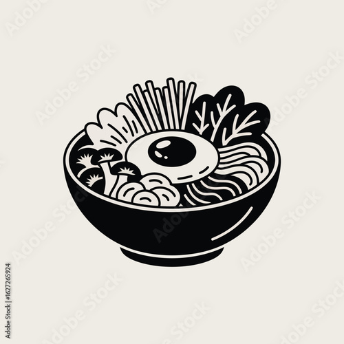 Hand drawn illustration of a delicious korean bibimbap in a black bowl