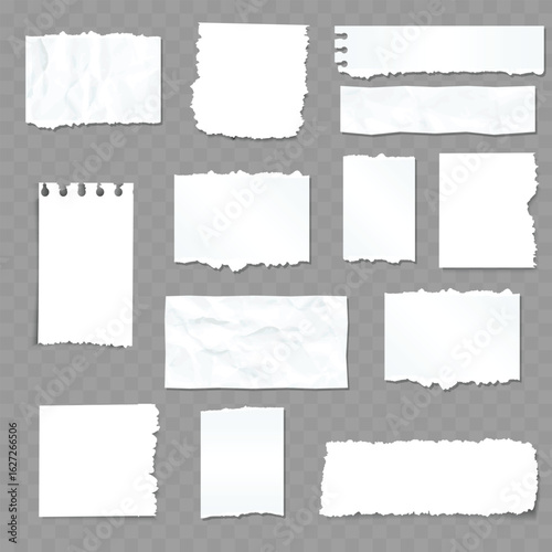 Set of White Realistic Torn Paper Notes. Ripped Edges. Vector