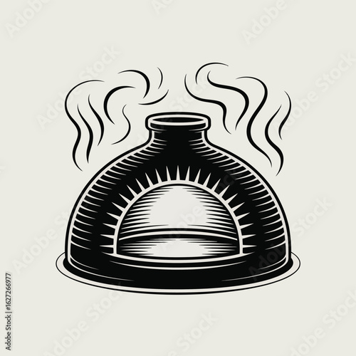 Vintage hand drawn illustration of a traditional wood fired pizza oven with steam