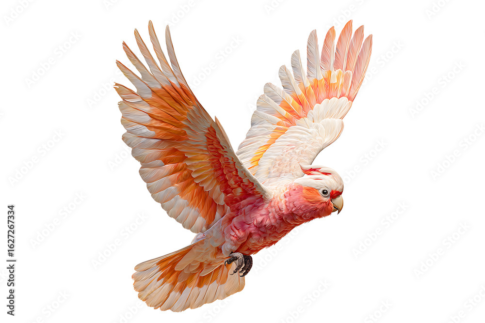Obraz premium Flying pink and orange cockatoo with spread wings, isolated on transparent background.