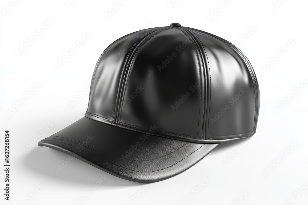 Black leather baseball cap with a curved visor. Black leather baseball cap with a curved visor.